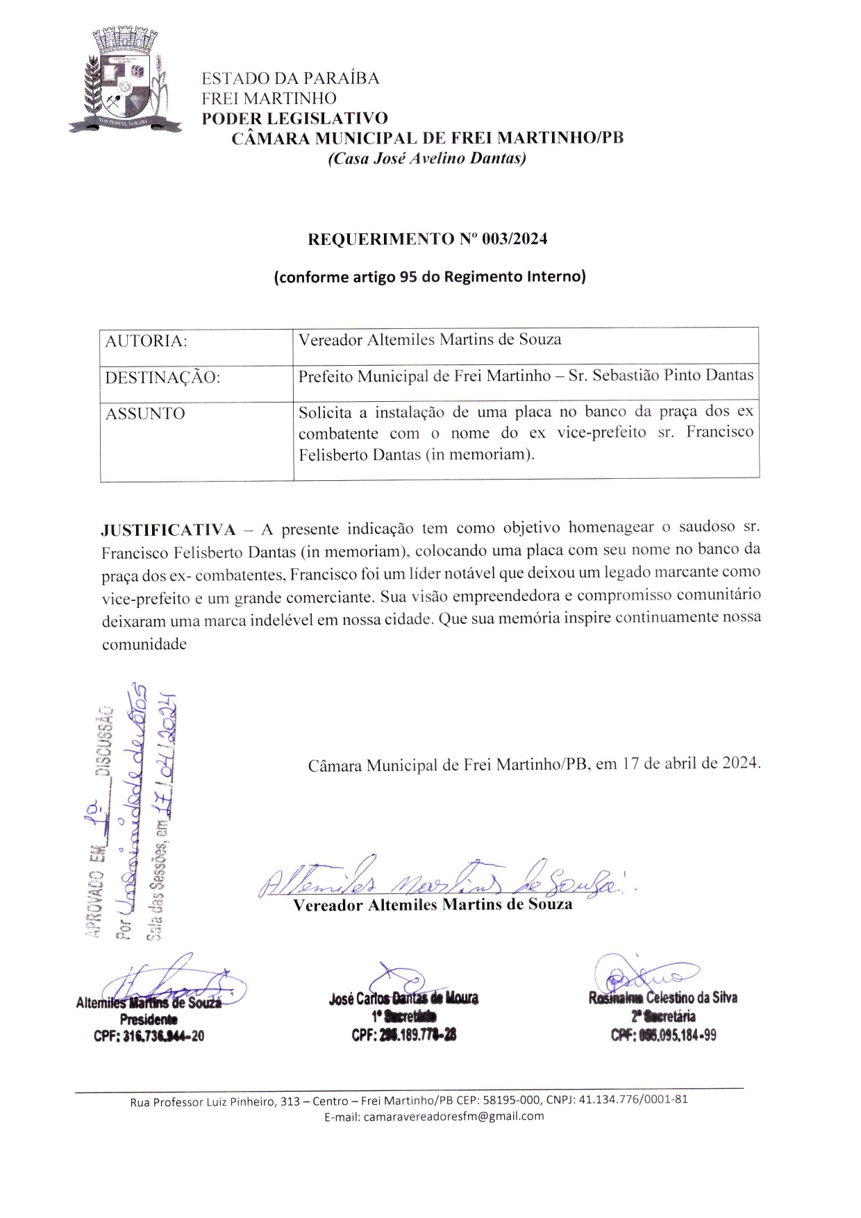 Requerimento 003/2024 - Vereador Altemiles Martins de Souza