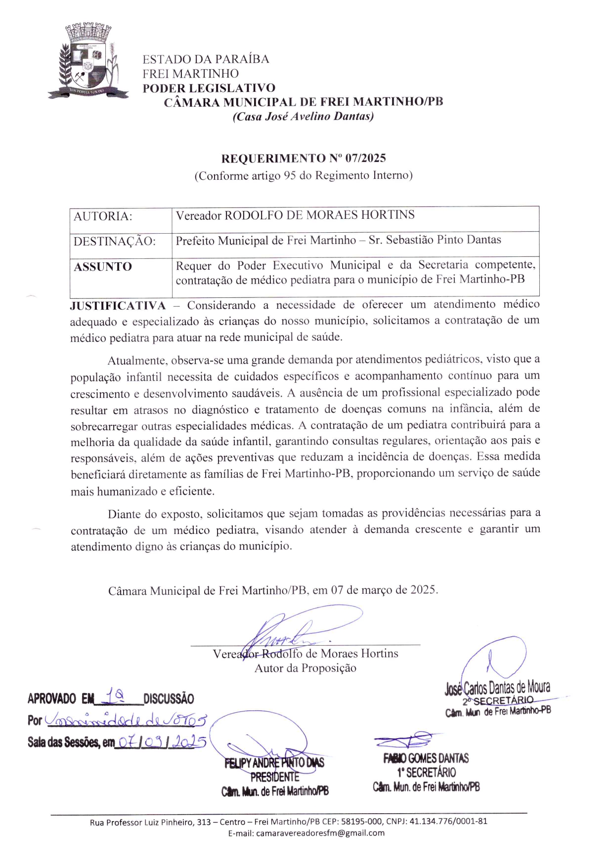 Requerimento 007/2025 - Rodolfo de Morais Hortins