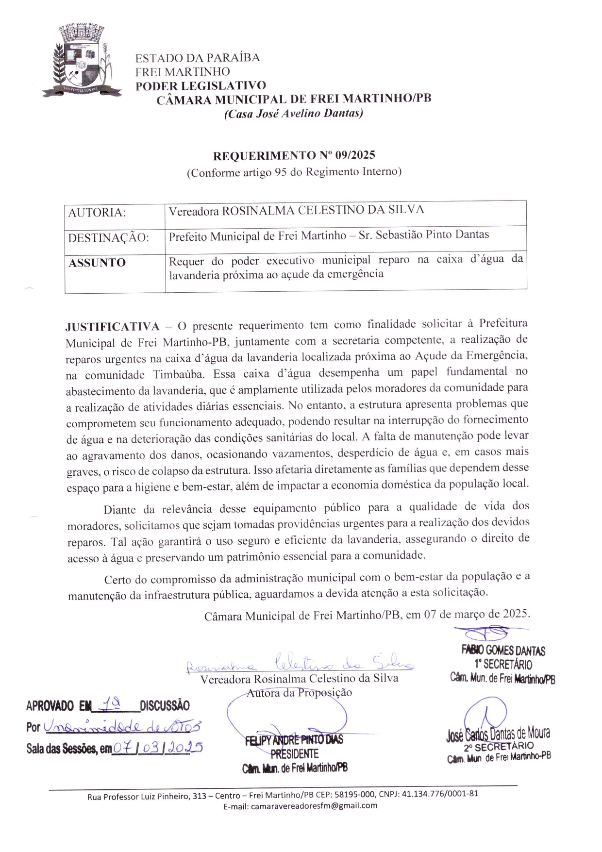 Requerimento 009/2025 - Rosinalma Celestino da Silva