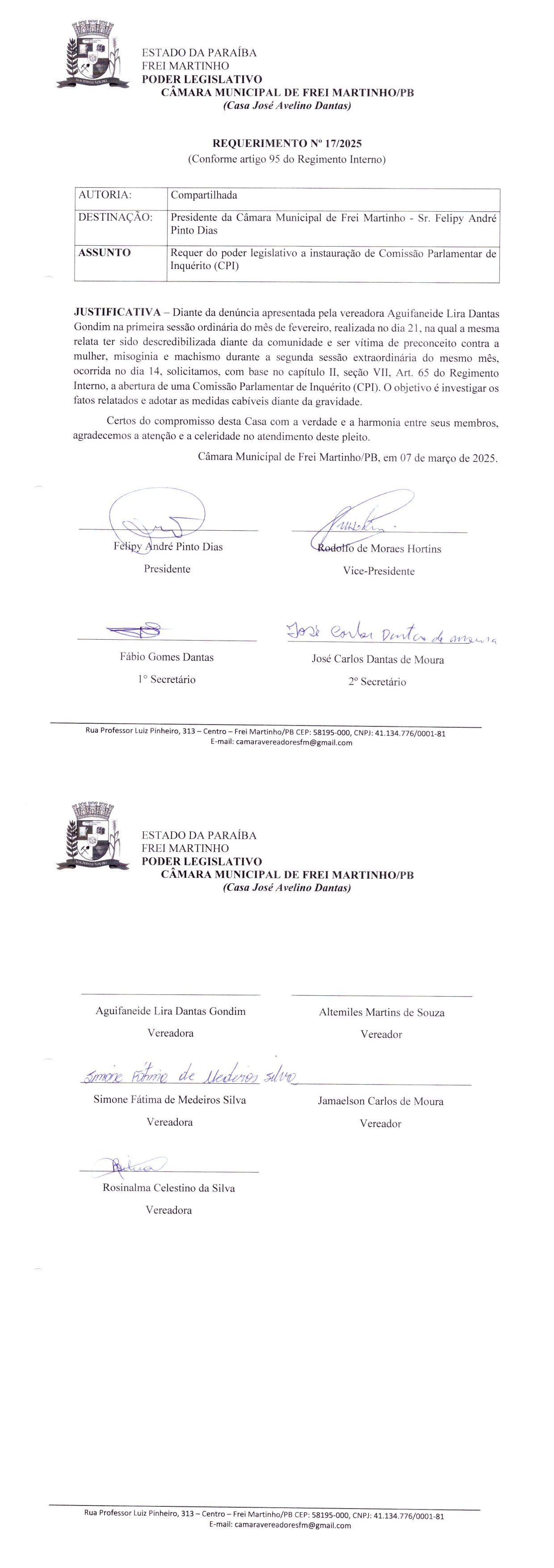 Requerimento 017/2025 - CPI - Autoria: Todos os Vereadores