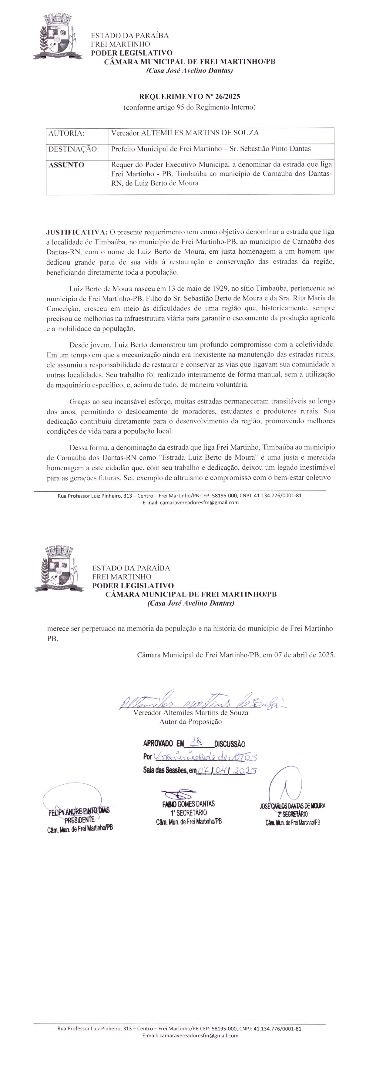 Requerimento 026/2025 - Altemiles Martins de Souza