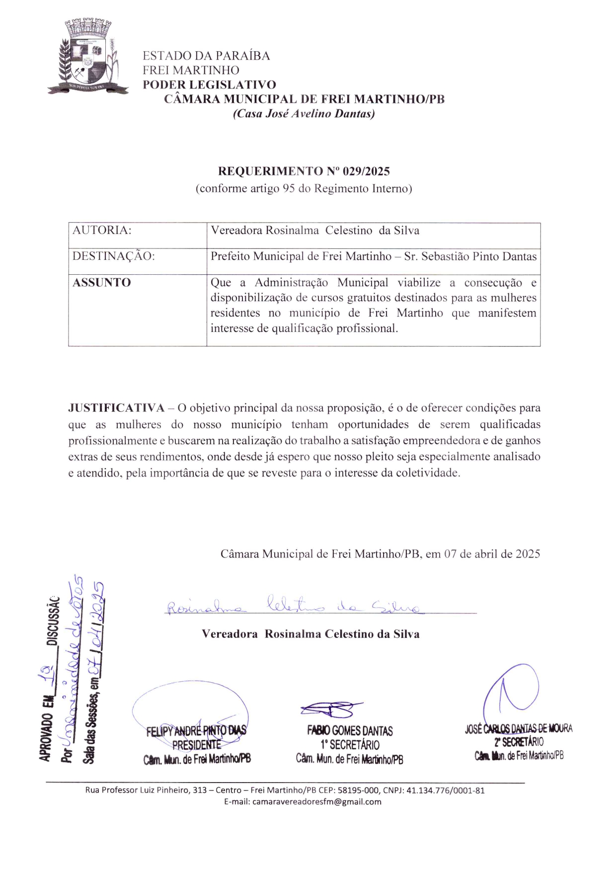 Requerimento 029/2025 - Rosinalma Celestino da Silva