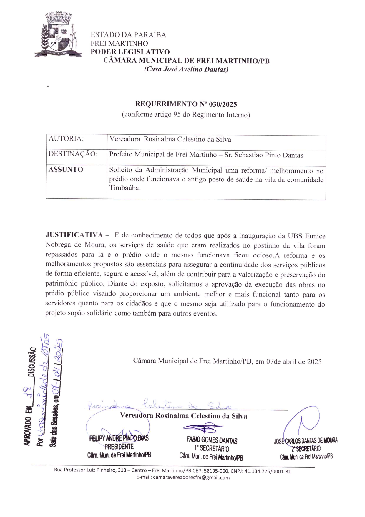 Requerimento 030/2025 - Rosinalma Celestino da Silva