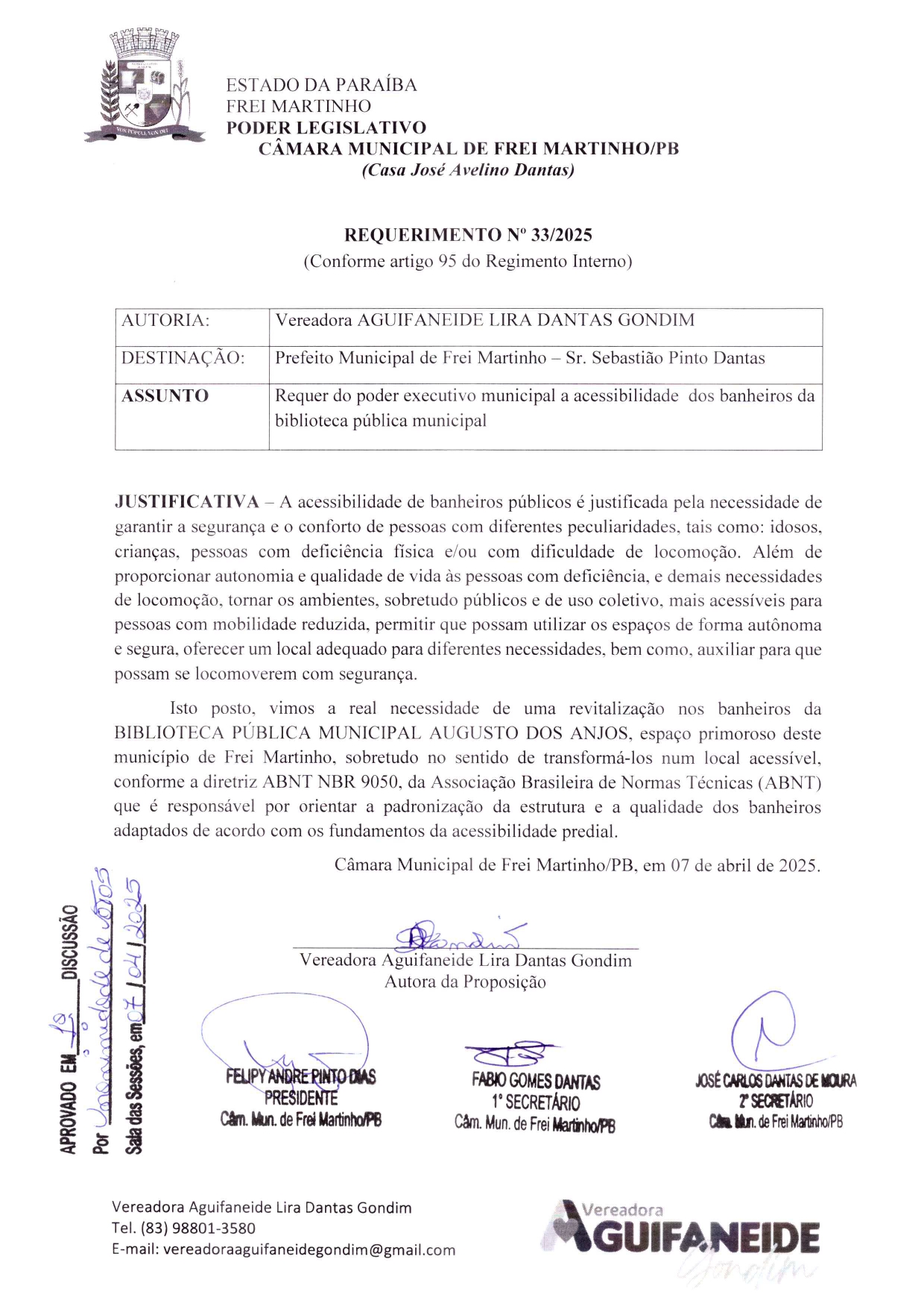 Requerimento 033/2025 - Aguifaneide Lira Dantas Gondim