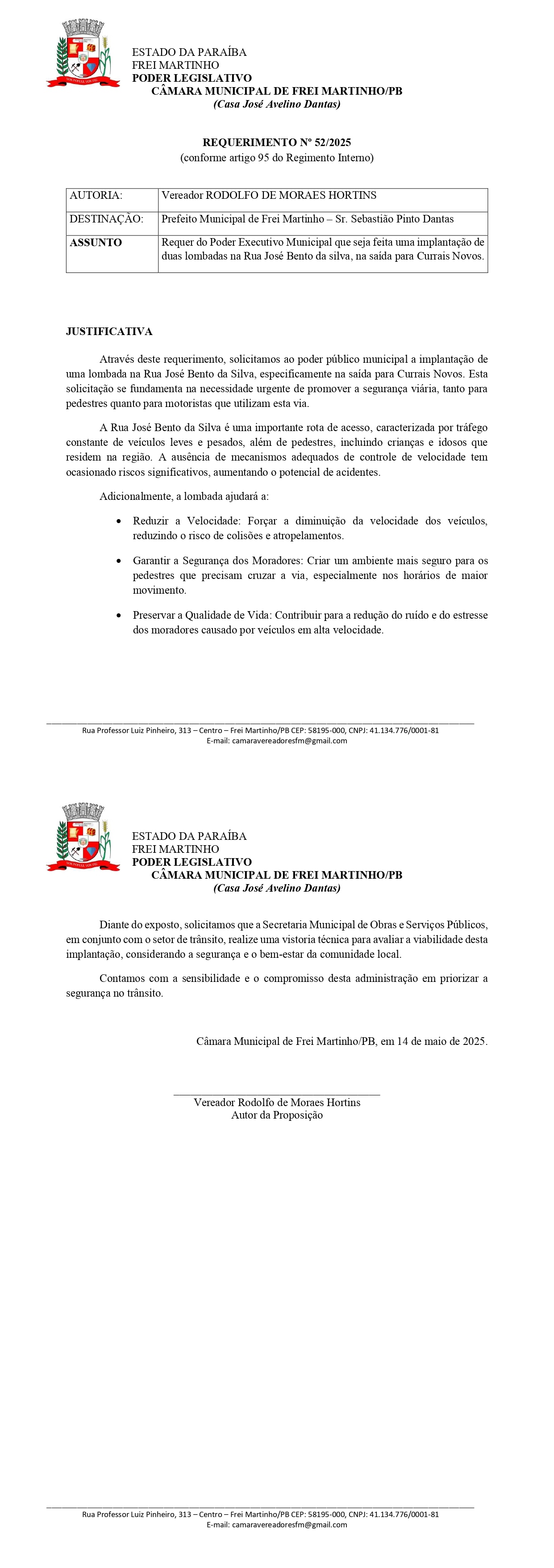 Requerimento 052/2025 - Rodolfo de Moraes Hortins