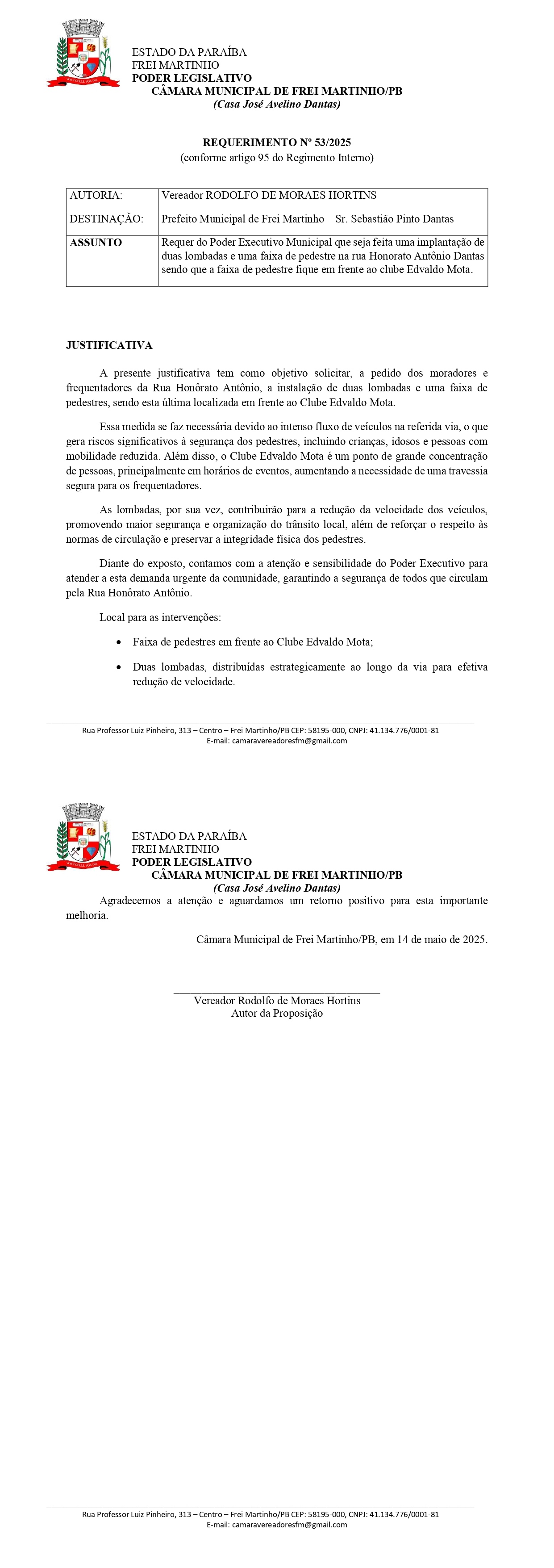 Requerimento 053/2025 - Rodolfo de Moraes Hortins
