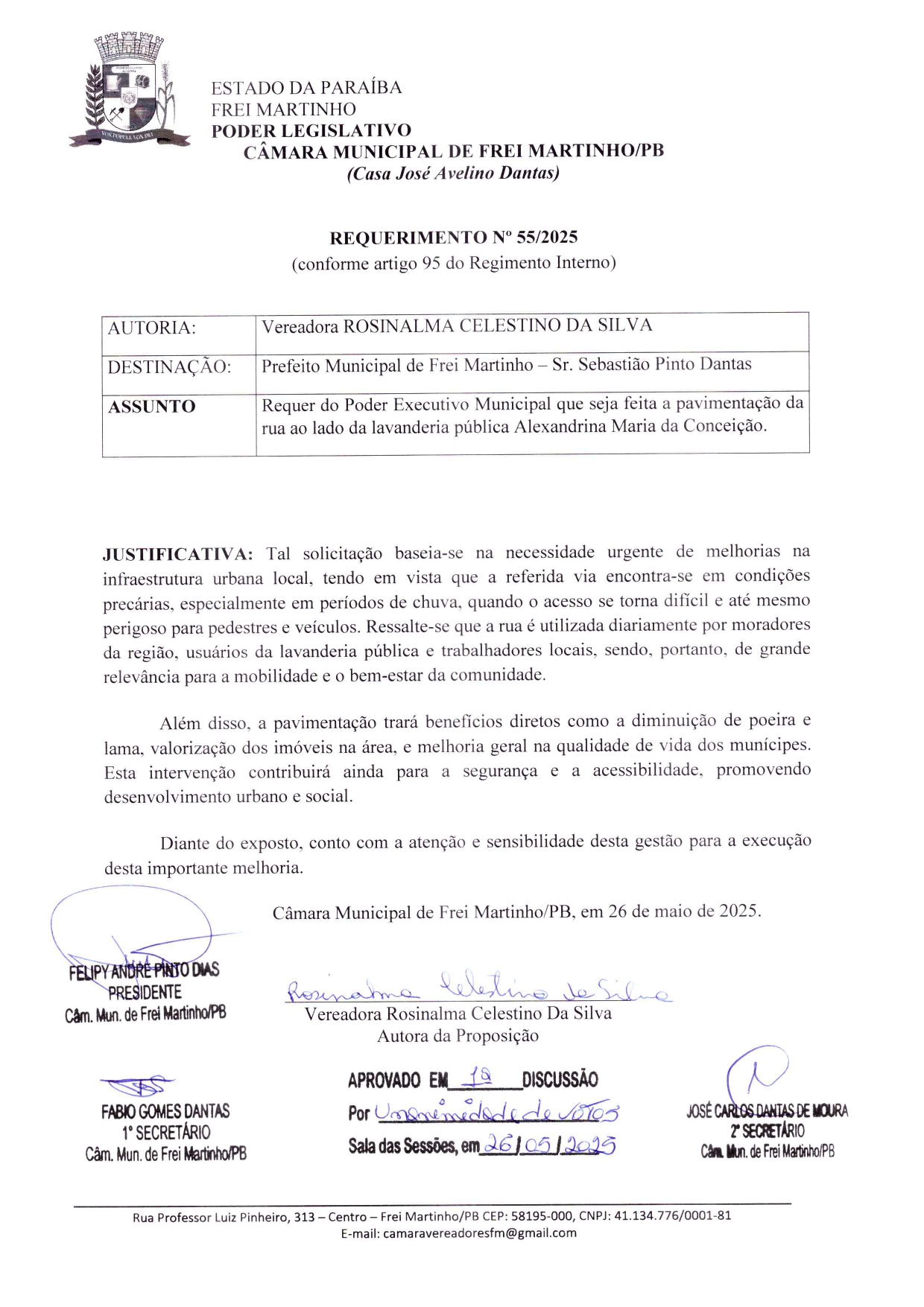 Requerimento 055/2025 - Rosinalma Celestino Da Silva 