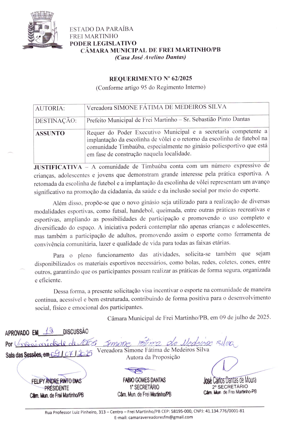 Requerimento 062/2025 - Simone Fátima de Medeiros Silva