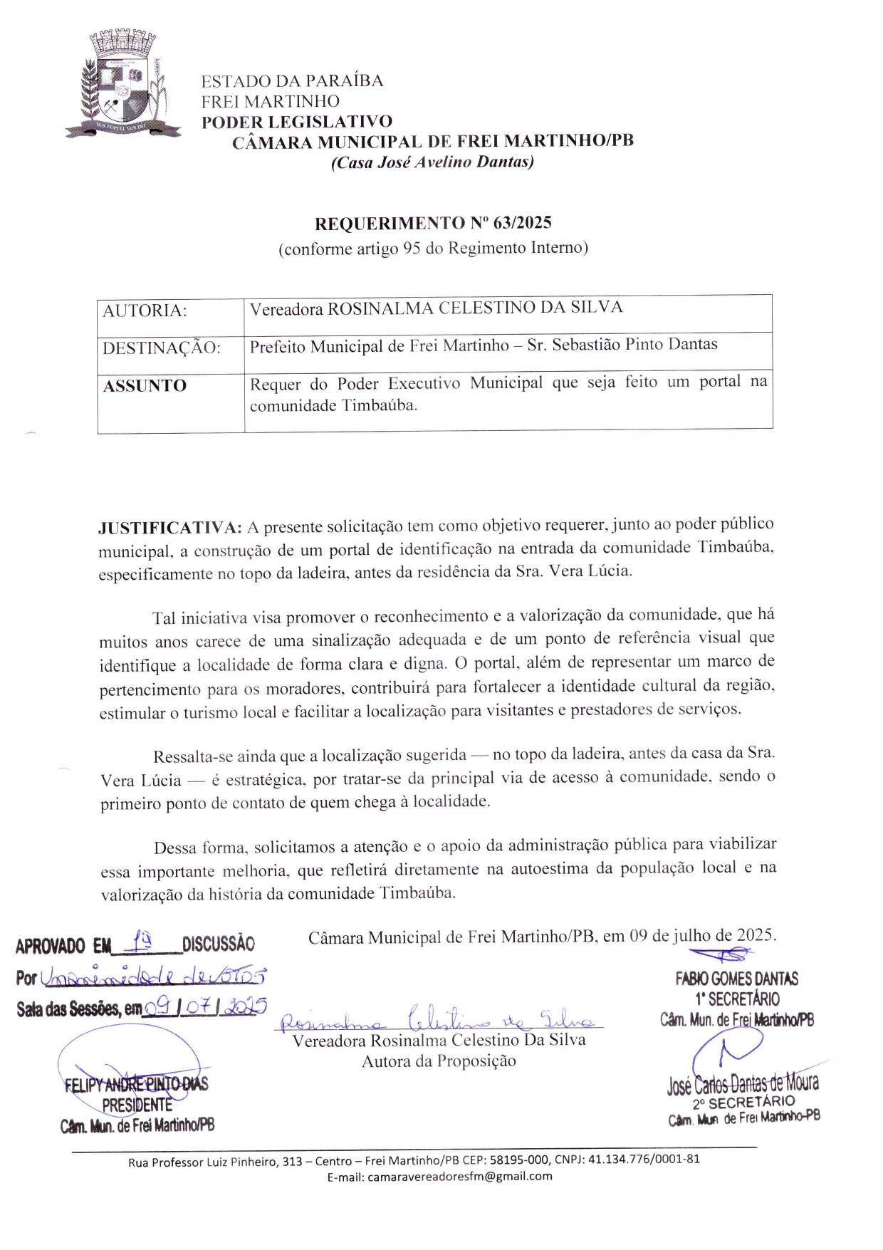 Requerimento 063/2025 - Rosinalma Celestino da Silva