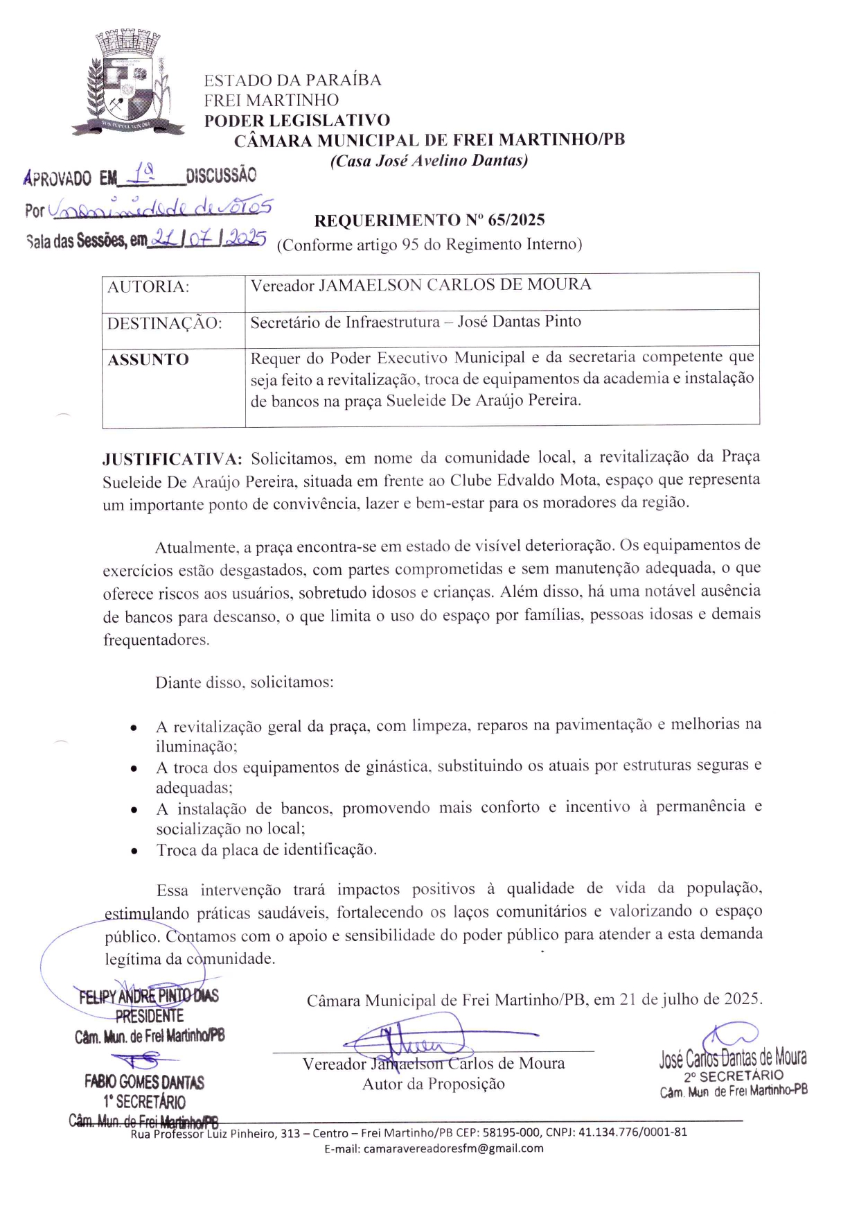 Requerimento 065/2025 - Jamaelson Carlos de Moura