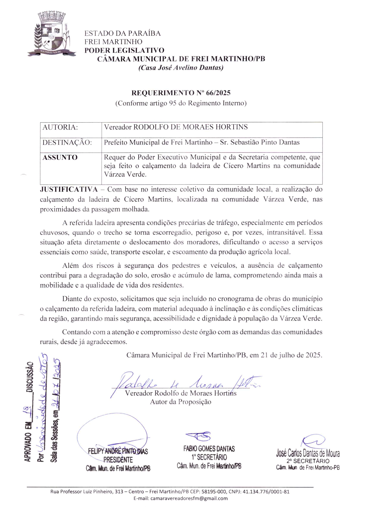 Requerimento 066/2025 - Rodolfo de Moraes Hortins