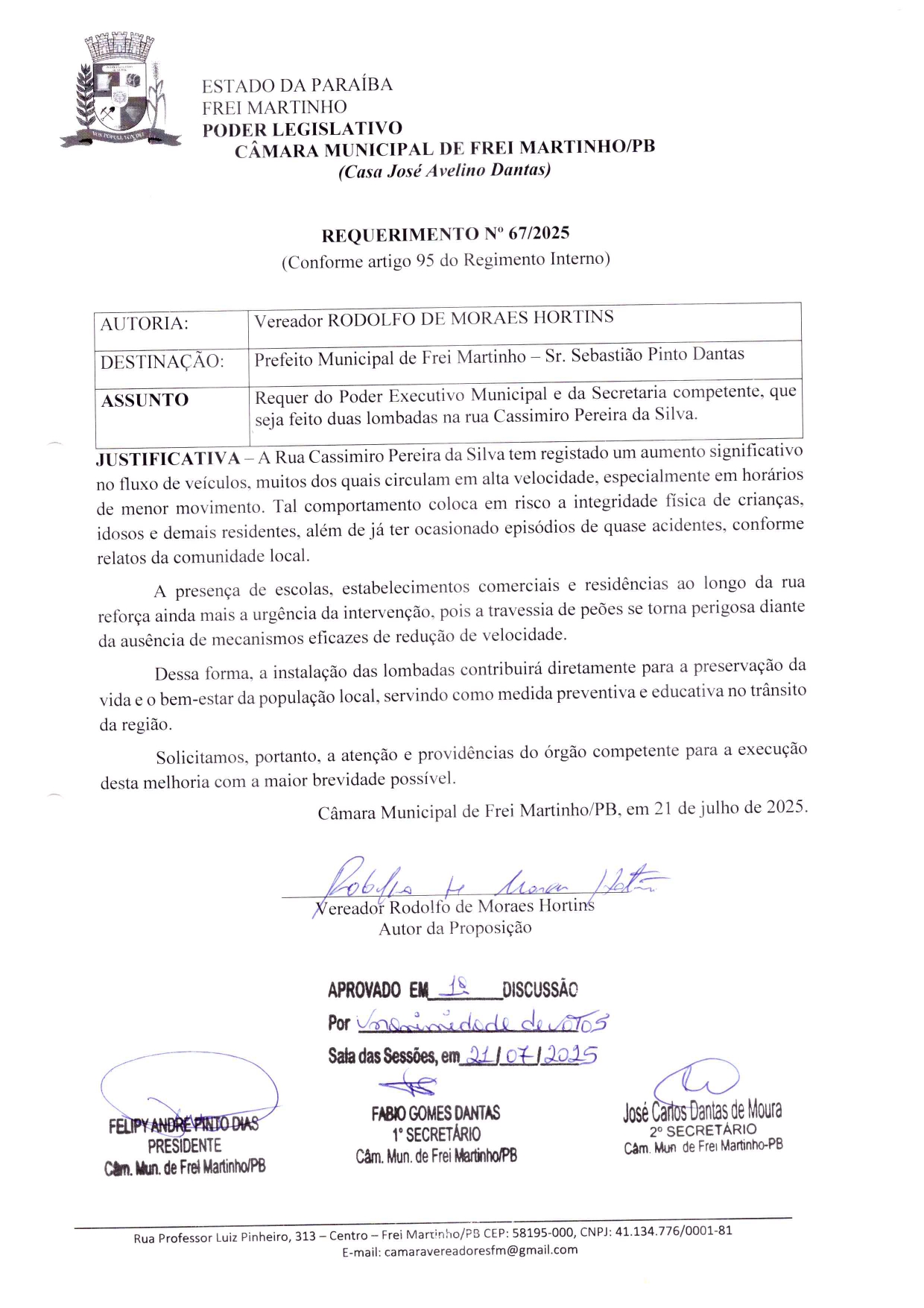 Requerimento 067/2025 - Rodolfo de Moraes Hortins