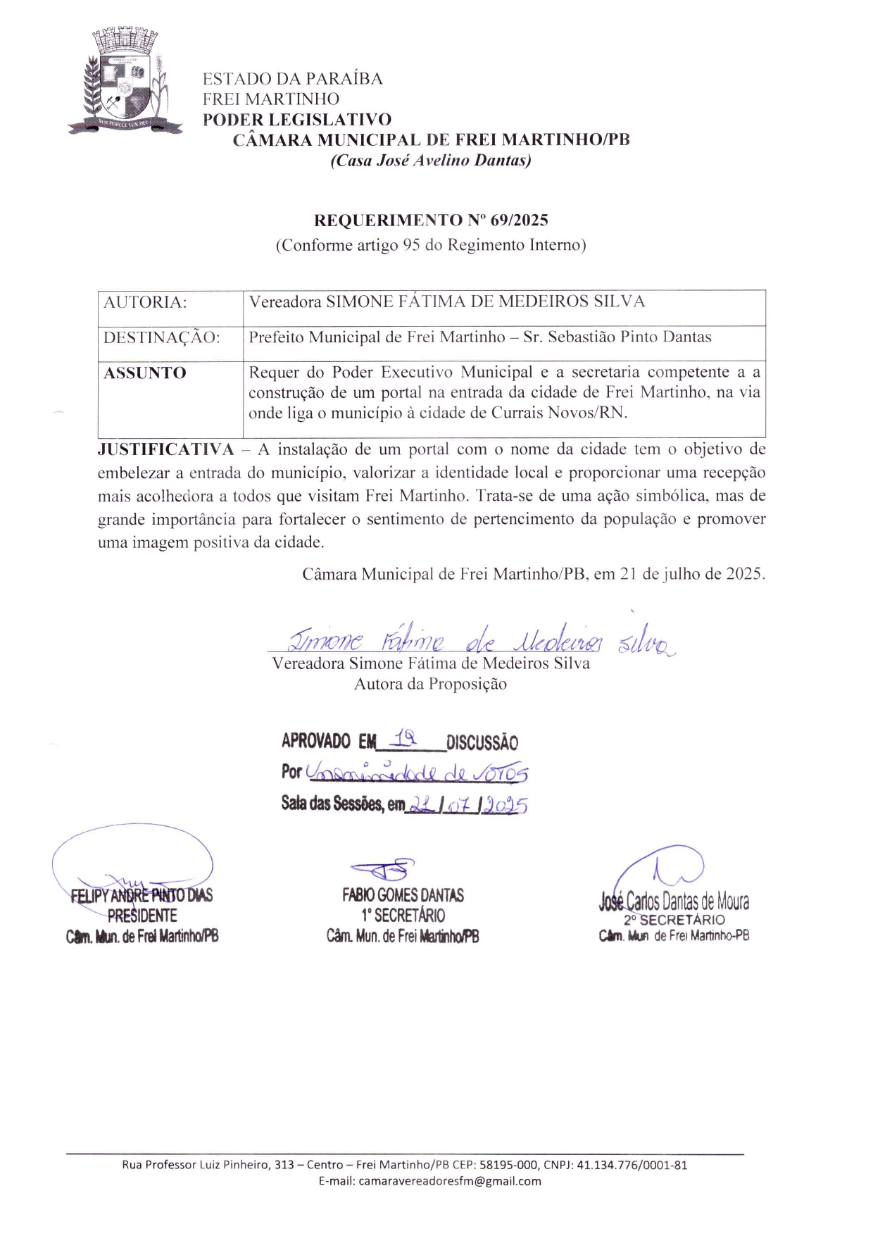 Requerimento 069/2025 - Simone Fátima de Medeiros Silva