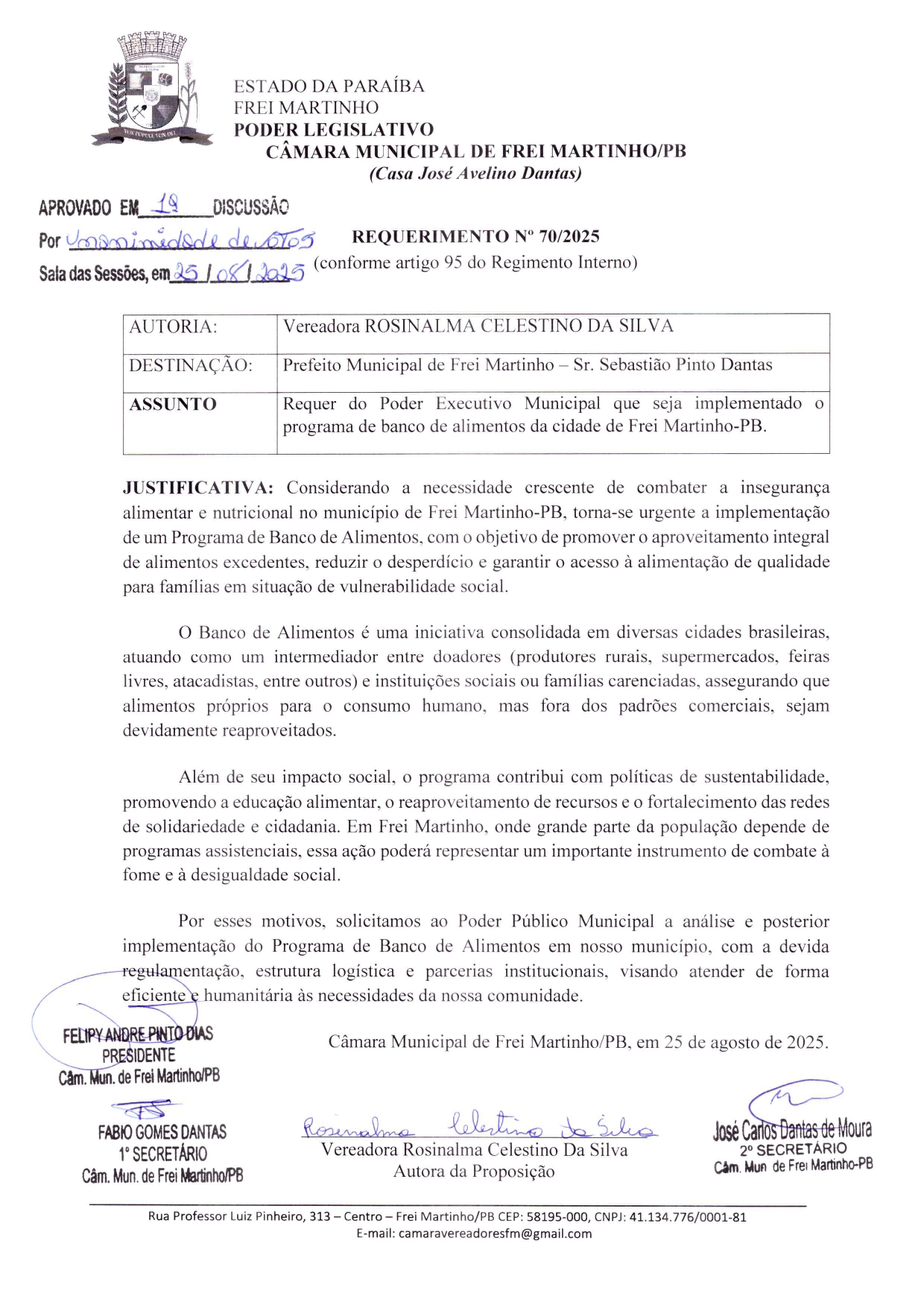 Requerimento 070/2025 - Rosinalma Celestino da Silva