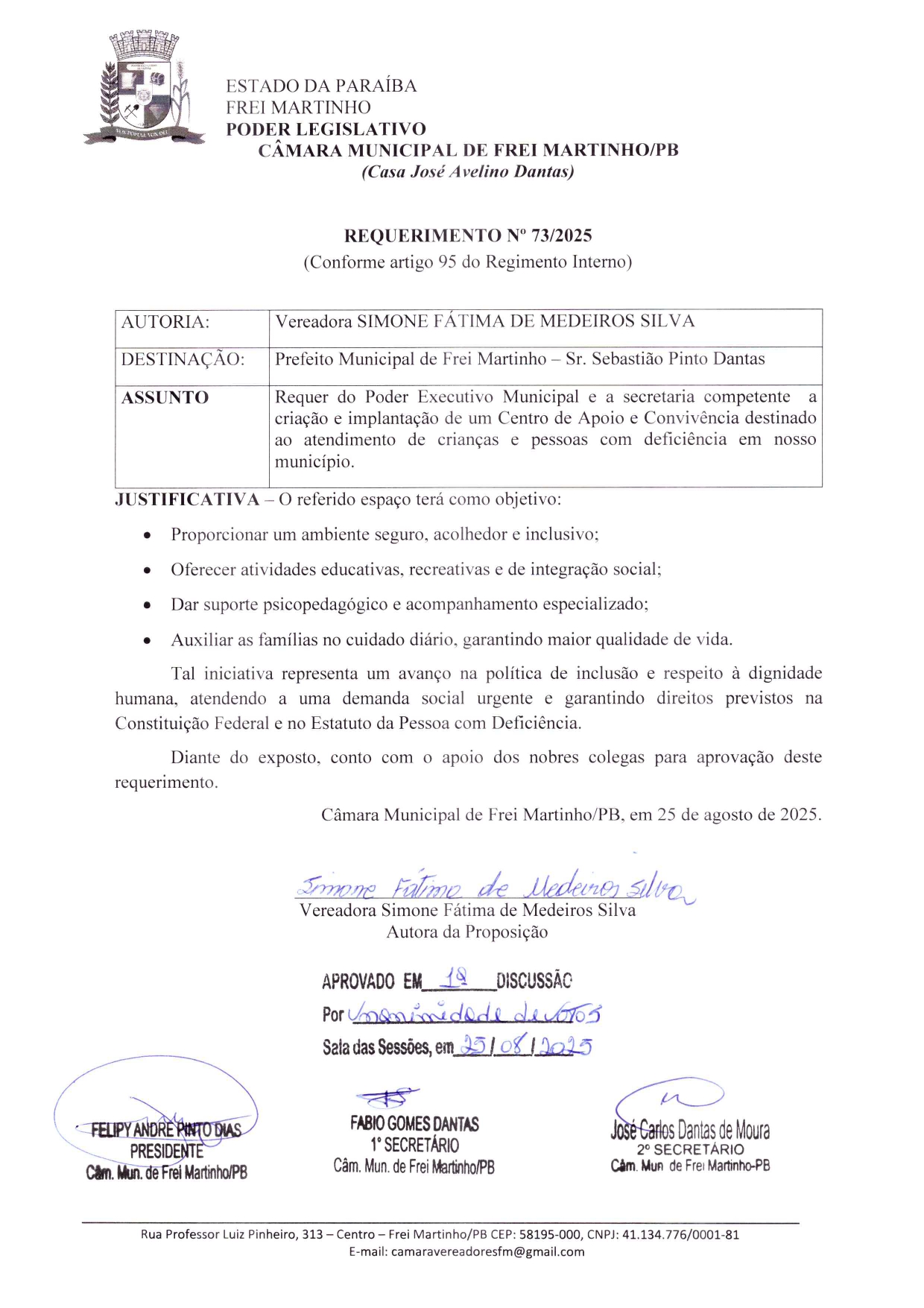 Requerimento 073/2025 - Simone Fátima de Medeiros Silva