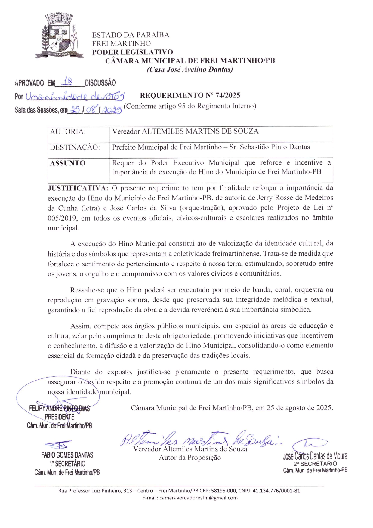 Requerimento 074/2025 - Altemiles Martins de Souza