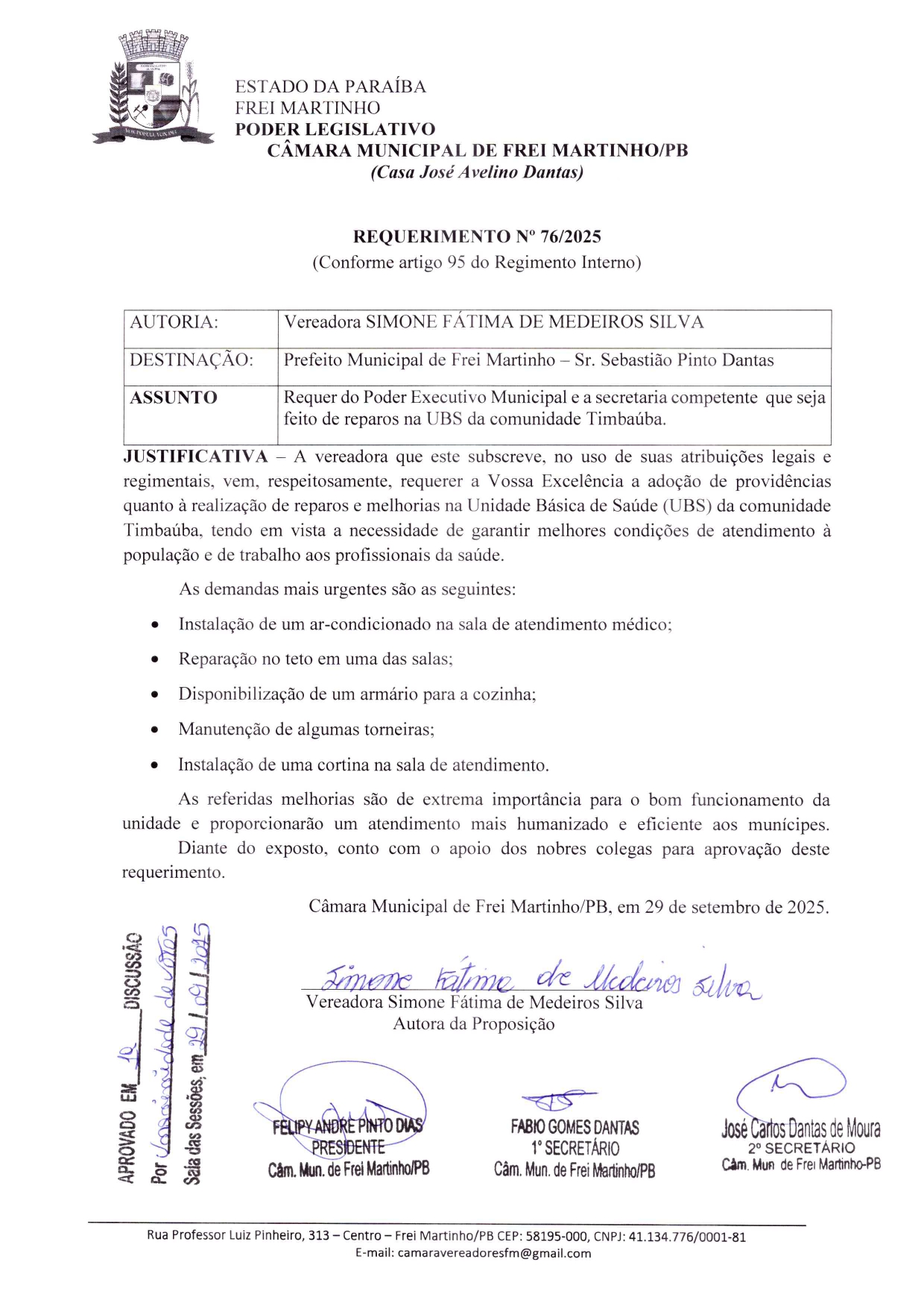 Requerimento 076/2025 - Simone Fátima de Medeiros Silva