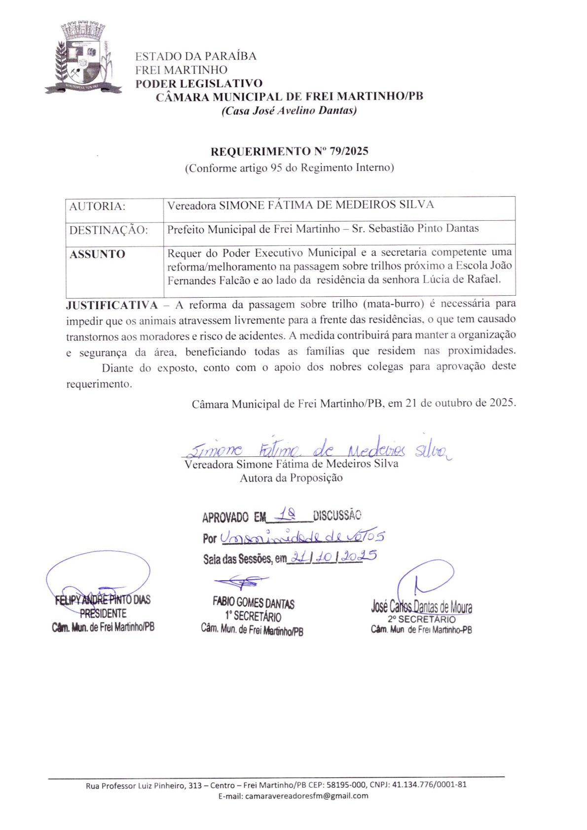 Requerimento 079/2025 - Simone Fátima de Medeiros Silva
