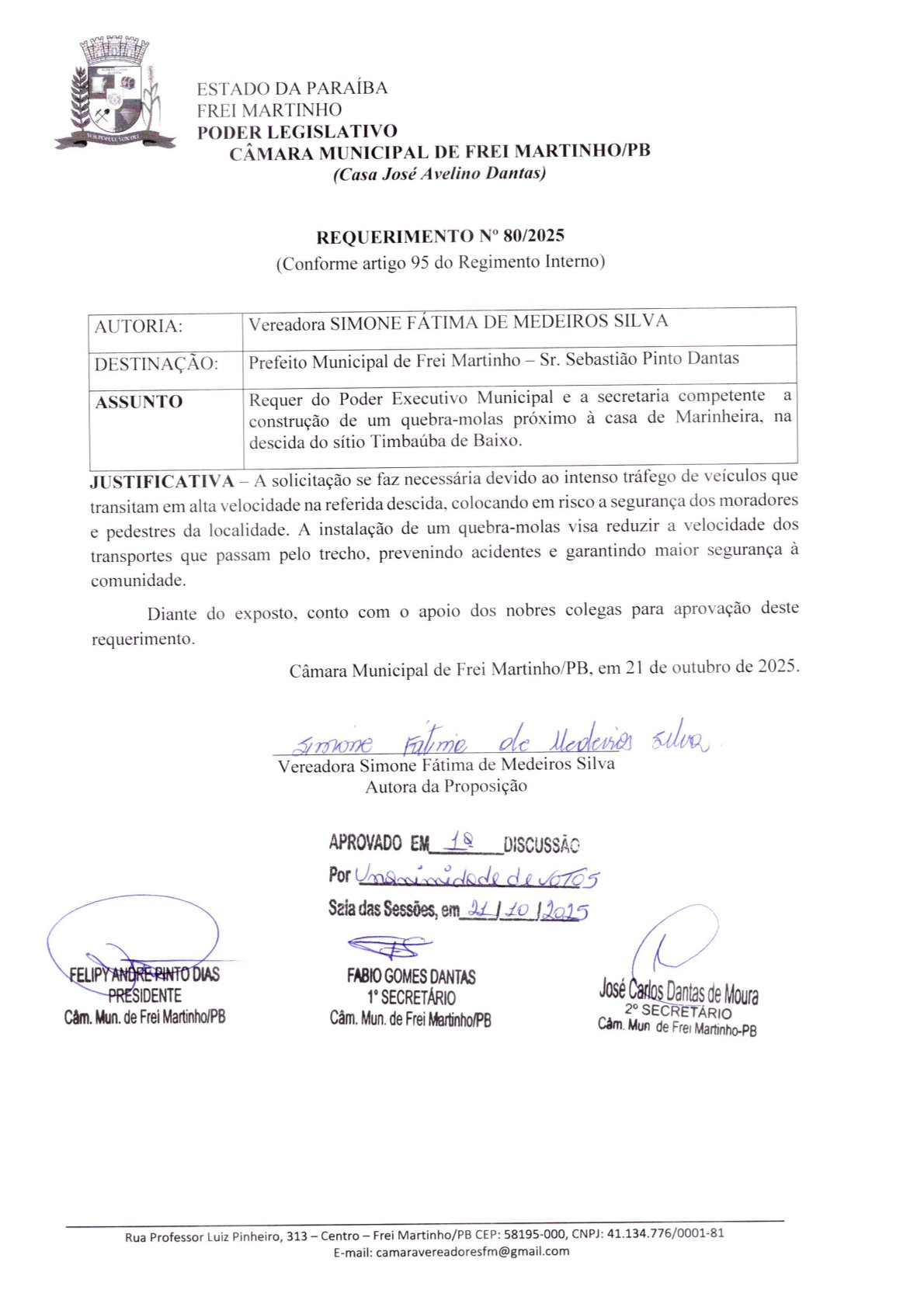 Requerimento 080/2025 - Simone Fátima de Medeiros Silva