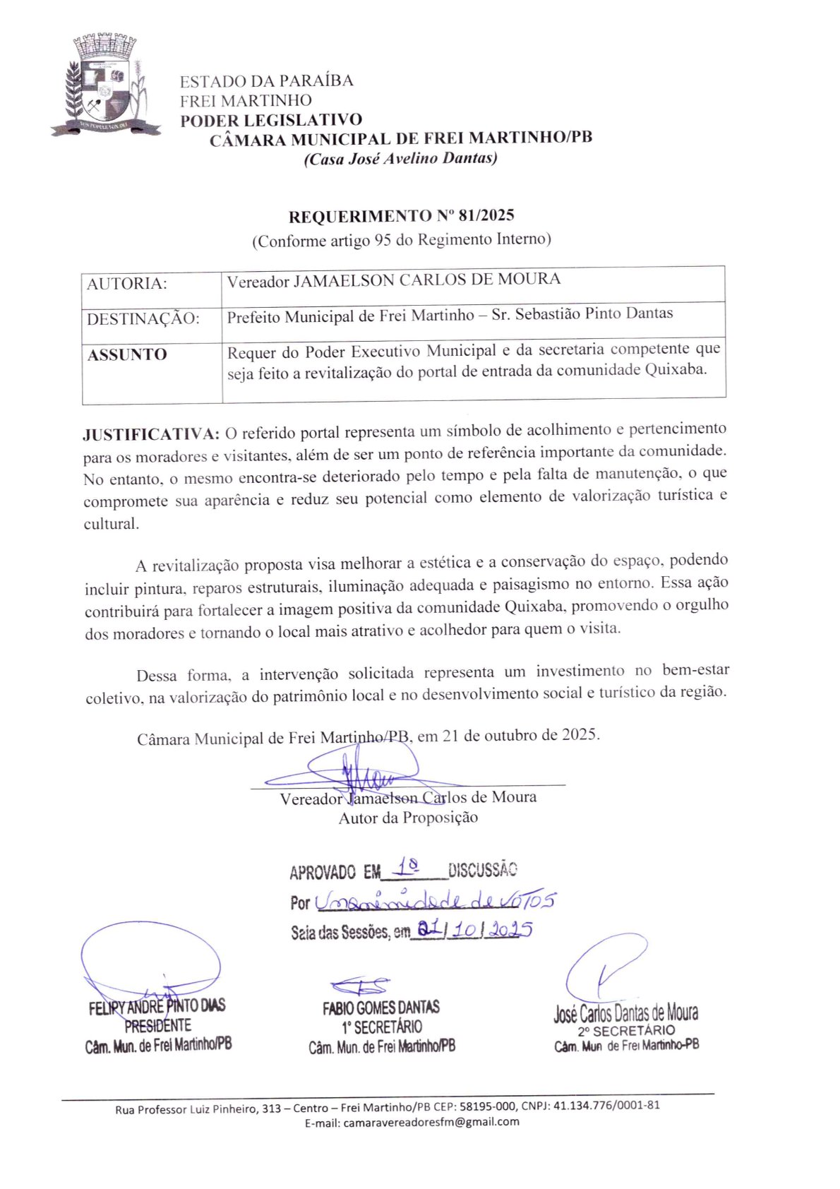 Requerimento 081/2025 - Jamaelson Carlos de Moura