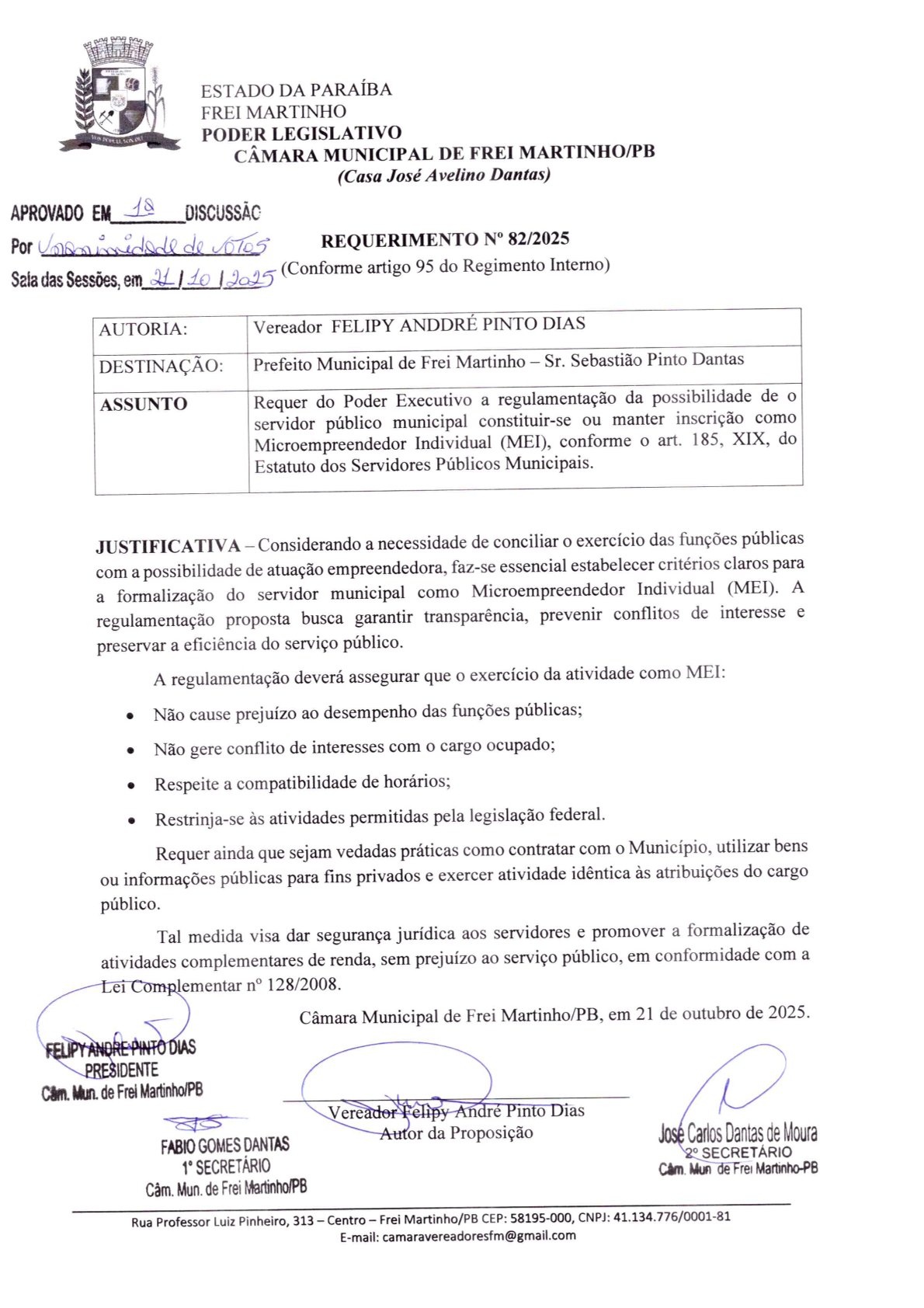 Requerimento 082/2025 - Felipy André Pinto Dias