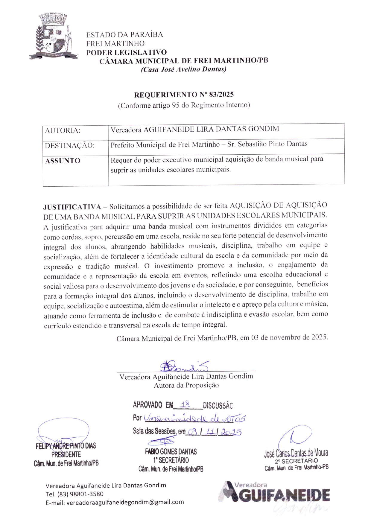 Requerimento 083/2025 - Aguifaneide Lira Dantas Gondim