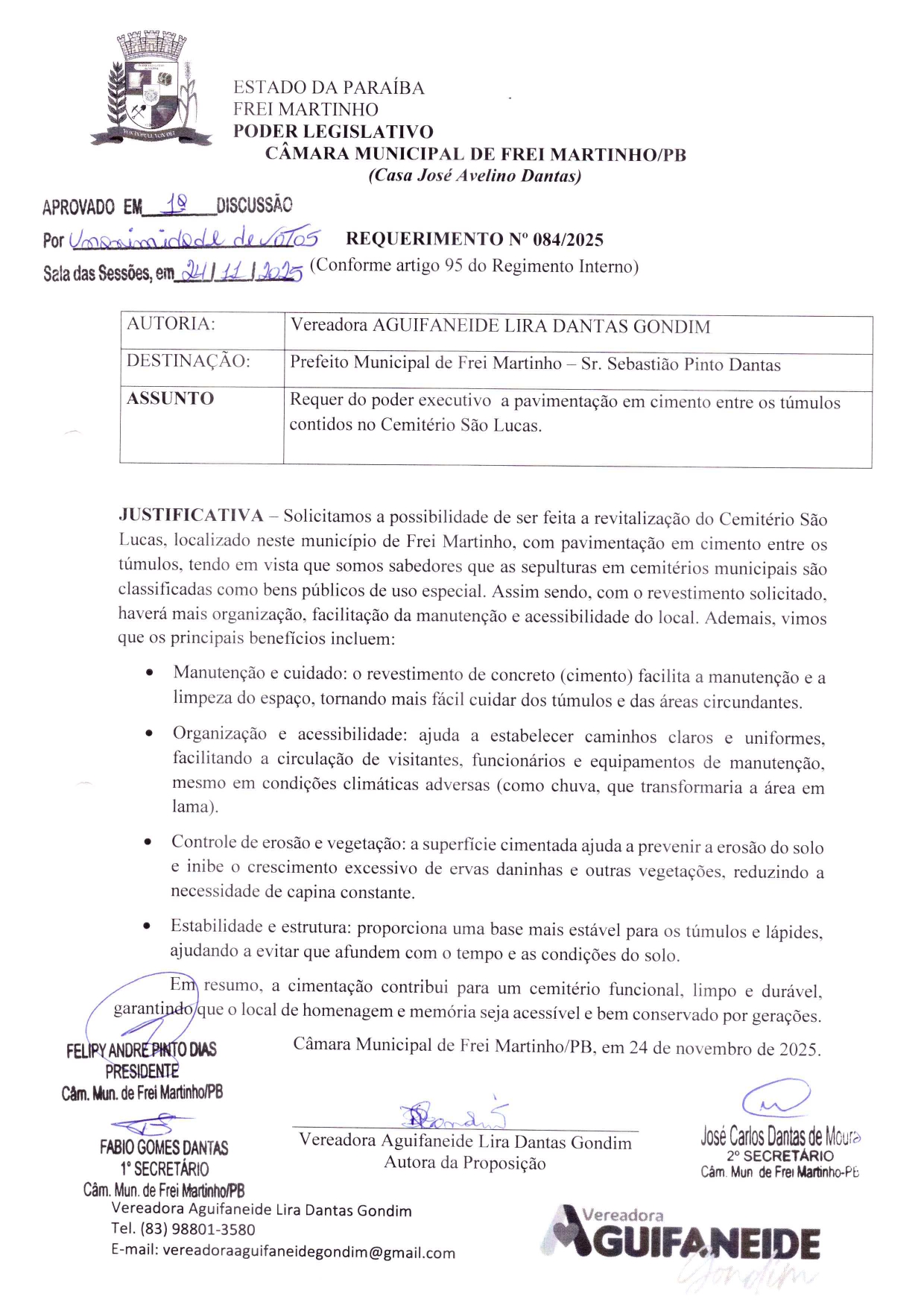 Requerimento 084/2025 - Aguifaneide Lira Dantas Gondim