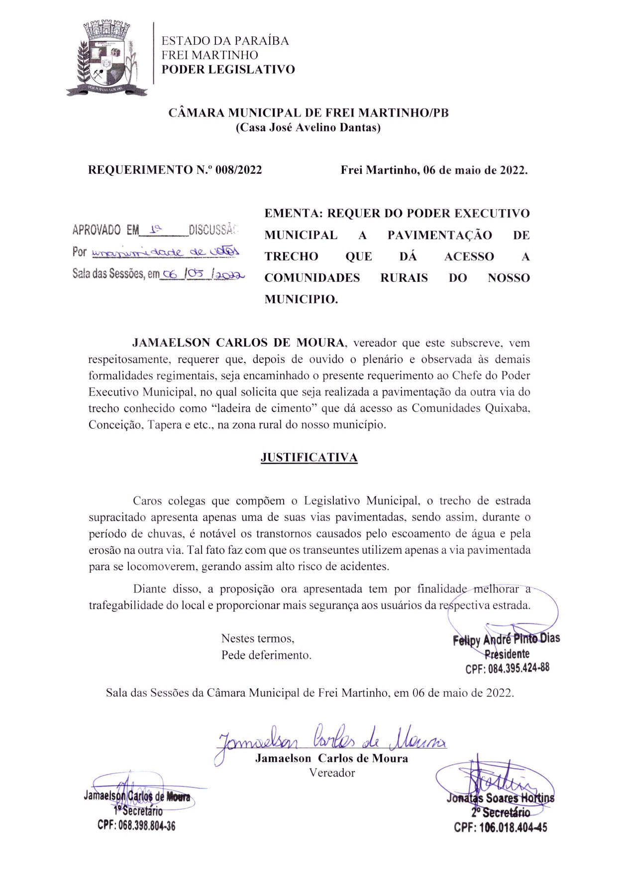 Requerimento 008/2022 - Vereador Jamaelson Carlos de Moura