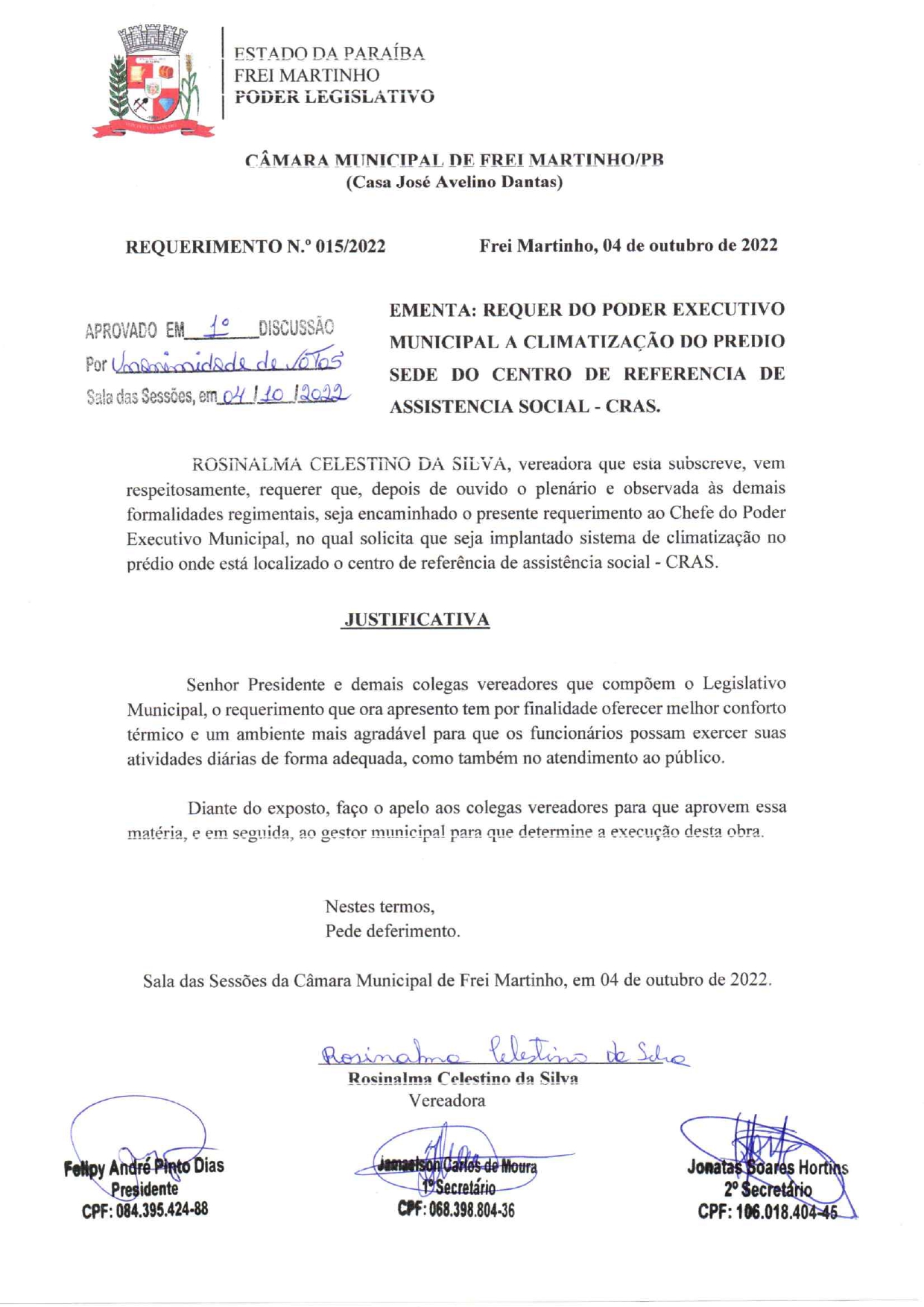 Requerimento 015/2022 - Vereadora Rosinalma Celestino